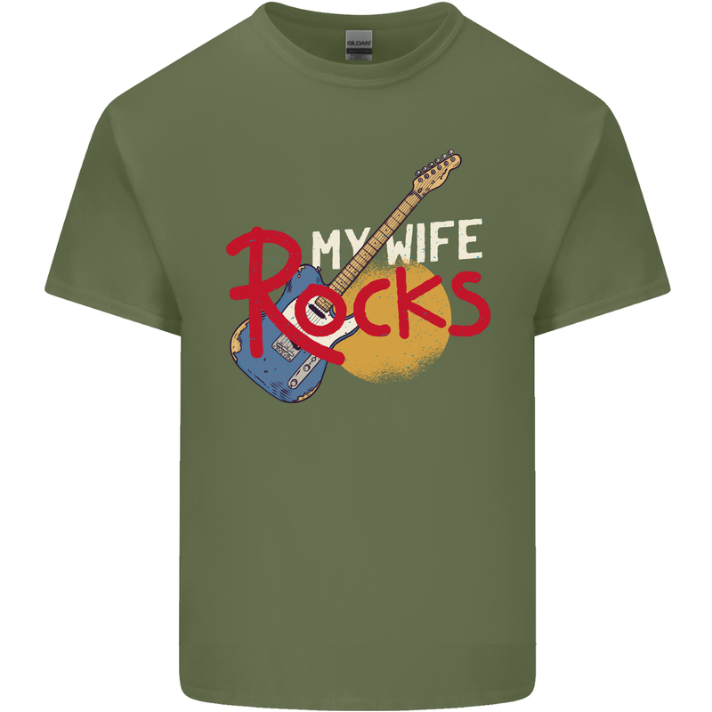 My Wife Rocks Funny Music Guitar Mens Cotton T-Shirt Tee Top Military Green