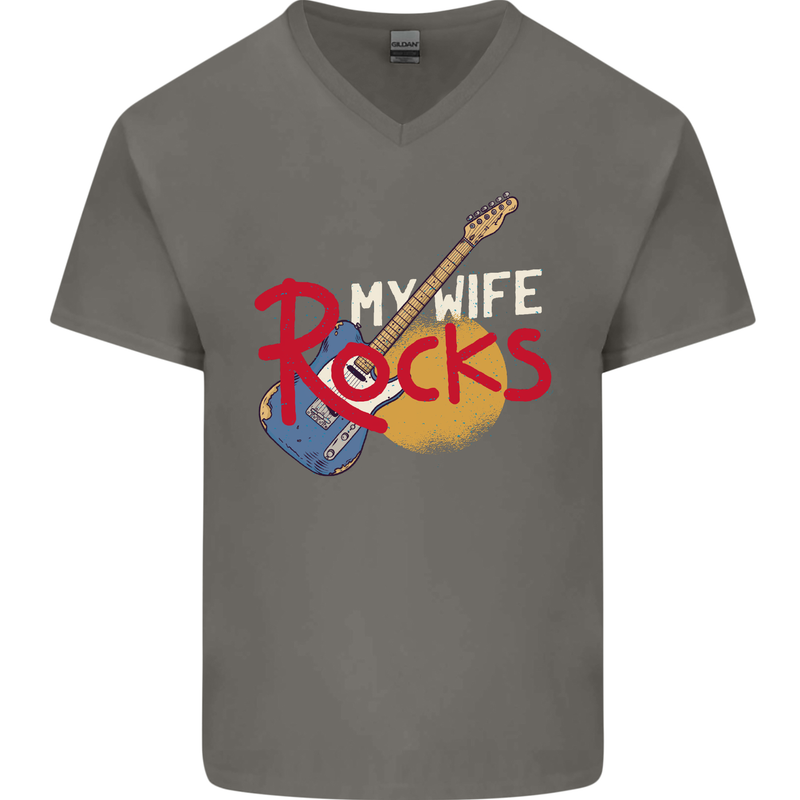 My Wife Rocks Funny Music Guitar Mens V-Neck Cotton T-Shirt Charcoal