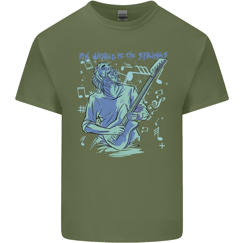 My World Is Six Strings Guitar Rock Music Mens Cotton T-Shirt Tee Top Military Green