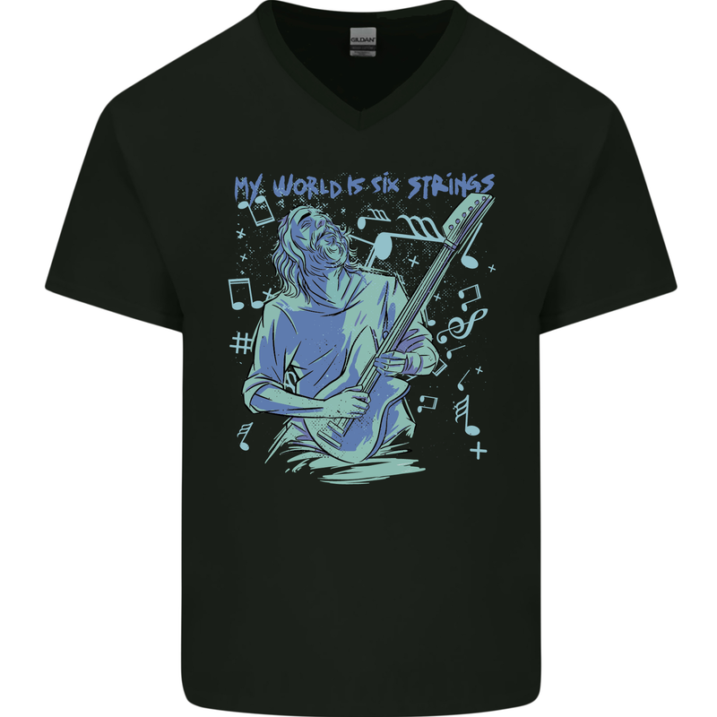 My World Is Six Strings Guitar Rock Music Mens V-Neck Cotton T-Shirt Black