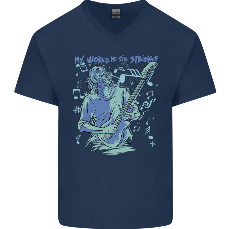 My World Is Six Strings Guitar Rock Music Mens V-Neck Cotton T-Shirt Navy Blue