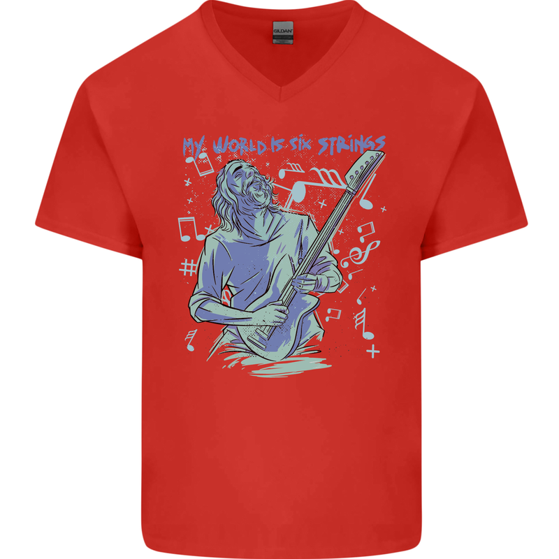 My World Is Six Strings Guitar Rock Music Mens V-Neck Cotton T-Shirt Red