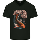 Mystical Koi Carp Flowers Mens V-Neck Cotton T-Shirt Black