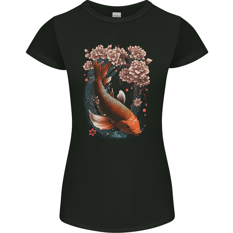 Mystical Koi Carp Flowers Womens Petite Cut T-Shirt Black