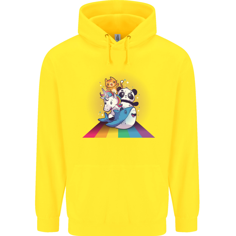 Mystical Panda Bear Unicorn Cat and Shark Childrens Kids Hoodie Yellow