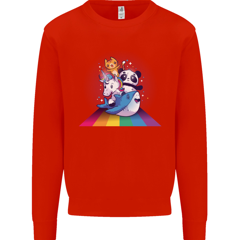 Mystical Panda Bear Unicorn Cat and Shark Kids Sweatshirt Jumper Bright Red