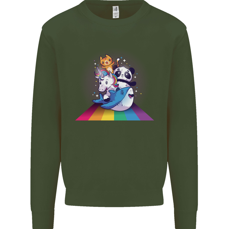 Mystical Panda Bear Unicorn Cat and Shark Kids Sweatshirt Jumper Forest Green