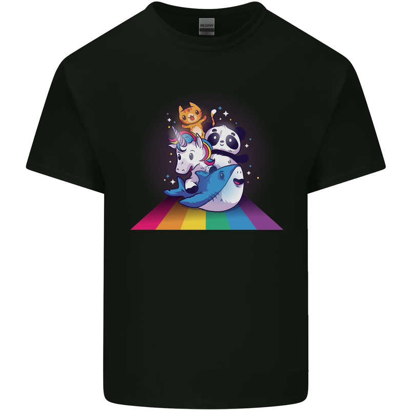 Mystical Panda Bear Unicorn Cat and Shark Mens Cotton T-Shirt Tee Top Black