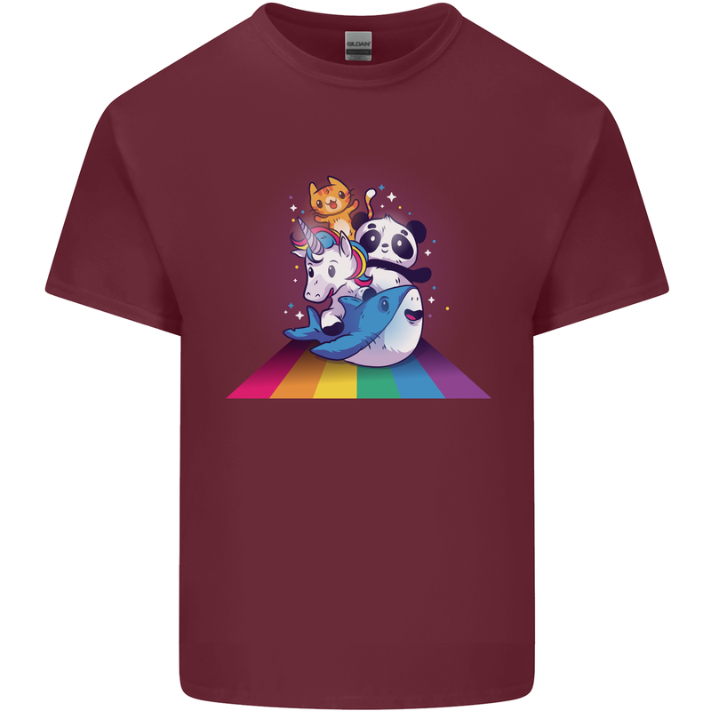Mystical Panda Bear Unicorn Cat and Shark Mens Cotton T-Shirt Tee Top Maroon
