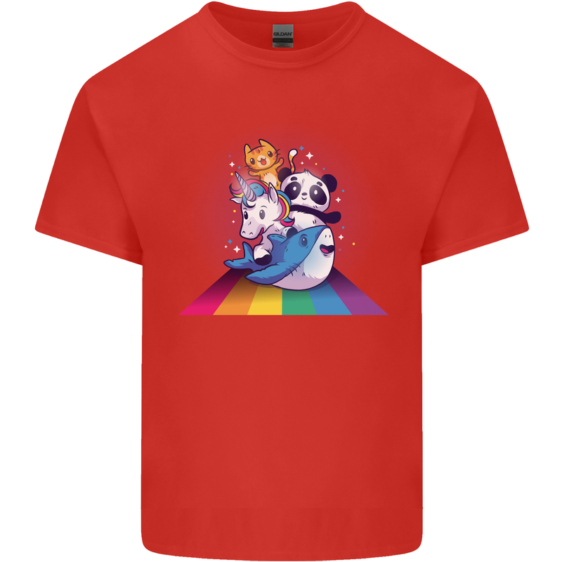 Mystical Panda Bear Unicorn Cat and Shark Mens Cotton T-Shirt Tee Top Red