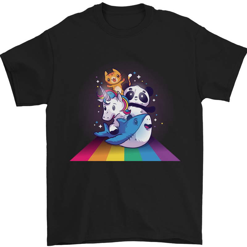 Mystical Panda Bear Unicorn Cat and Shark Mens T-Shirt 100% Cotton Black