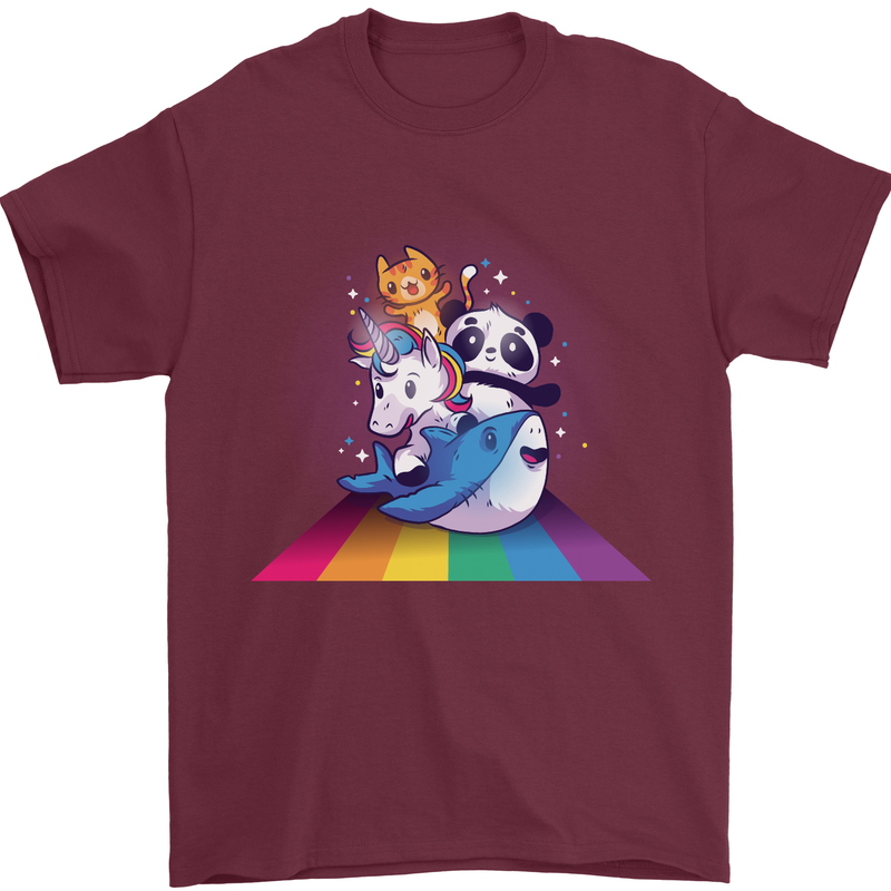 Mystical Panda Bear Unicorn Cat and Shark Mens T-Shirt 100% Cotton Maroon