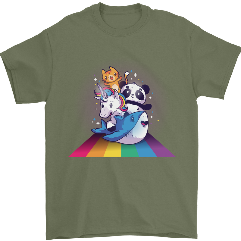 Mystical Panda Bear Unicorn Cat and Shark Mens T-Shirt 100% Cotton Military Green