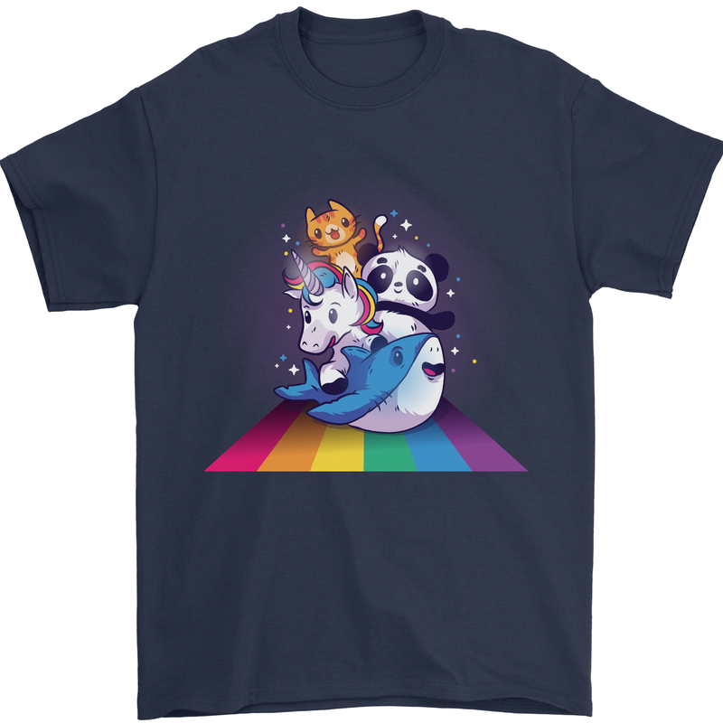 Mystical Panda Bear Unicorn Cat and Shark Mens T-Shirt 100% Cotton Navy Blue