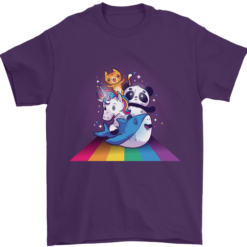 Mystical Panda Bear Unicorn Cat and Shark Mens T-Shirt 100% Cotton Purple