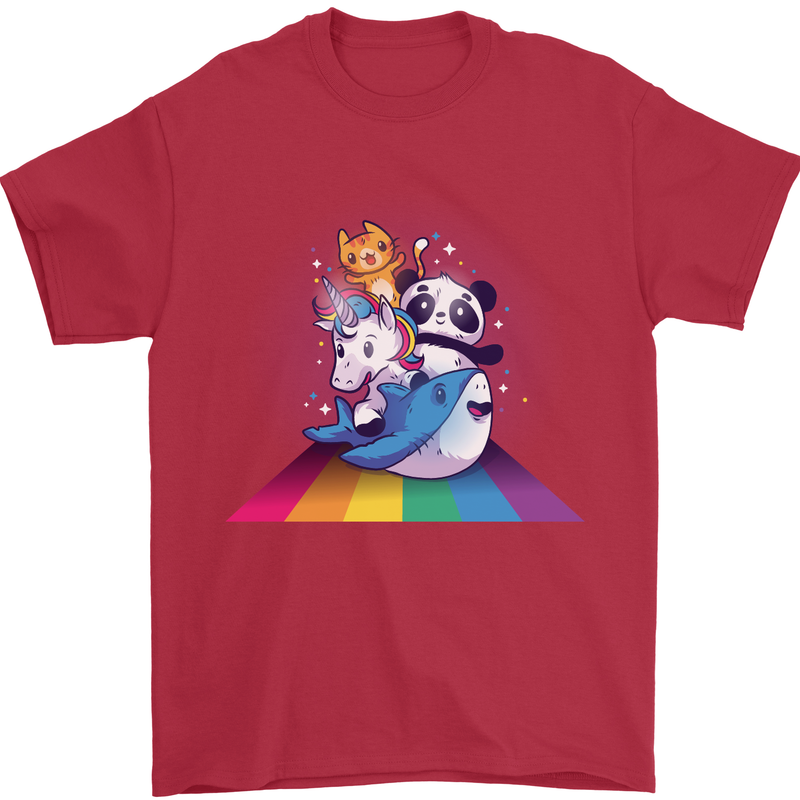 Mystical Panda Bear Unicorn Cat and Shark Mens T-Shirt 100% Cotton Red