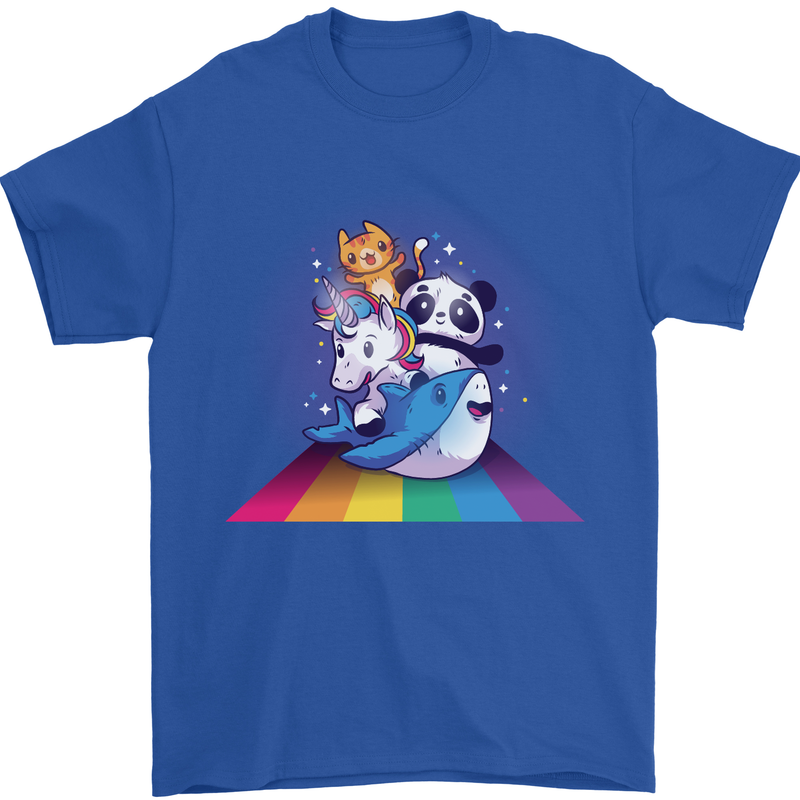 Mystical Panda Bear Unicorn Cat and Shark Mens T-Shirt 100% Cotton Royal Blue