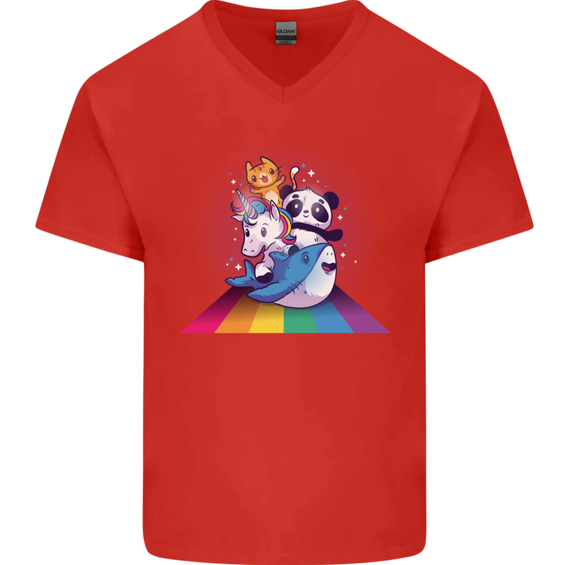 Mystical Panda Bear Unicorn Cat and Shark Mens V-Neck Cotton T-Shirt Red