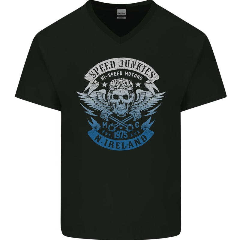 N.Ireland Speed Junkies Biker Motorcycle Mens V-Neck Cotton T-Shirt Black