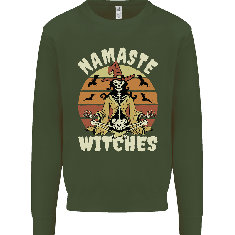 Namaste Witches Funny Halloween Kids Sweatshirt Jumper Forest Green