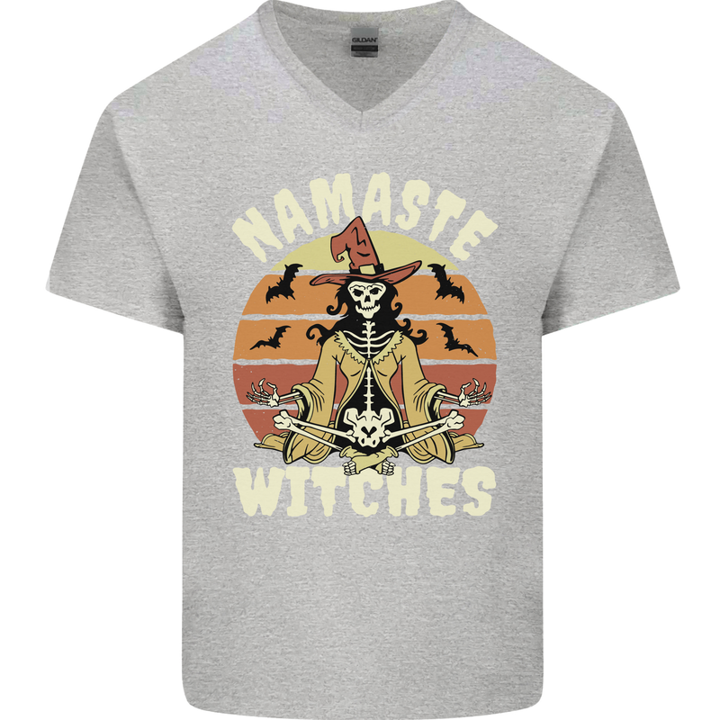 Namaste Witches Funny Halloween Mens V-Neck Cotton T-Shirt Sports Grey