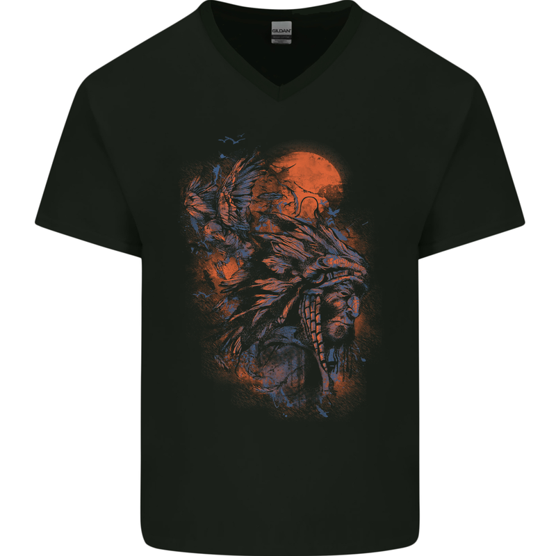 Native American Indian Headdress Apache Mens V-Neck Cotton T-Shirt Black