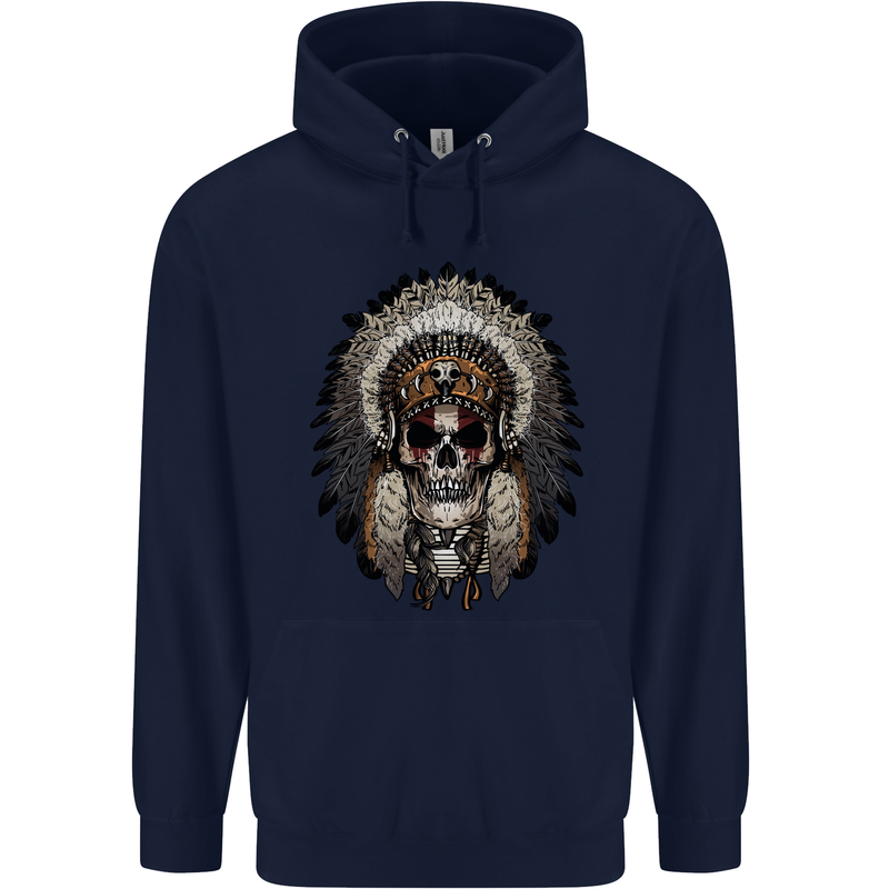 Native American Indian Skull Headdress Mens 80% Cotton Hoodie Navy Blue