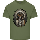 Native American Indian Skull Headdress Mens Cotton T-Shirt Tee Top Military Green