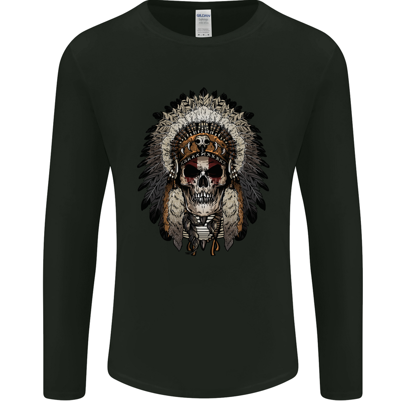 Native American Indian Skull Headdress Mens Long Sleeve T-Shirt Black