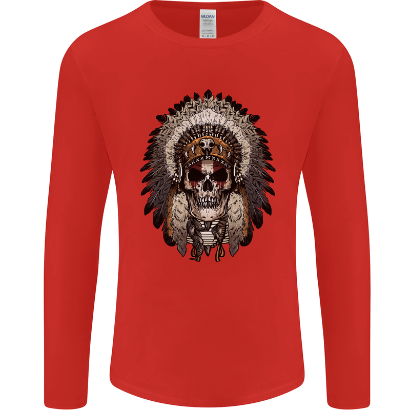 Native American Indian Skull Headdress Mens Long Sleeve T-Shirt Red