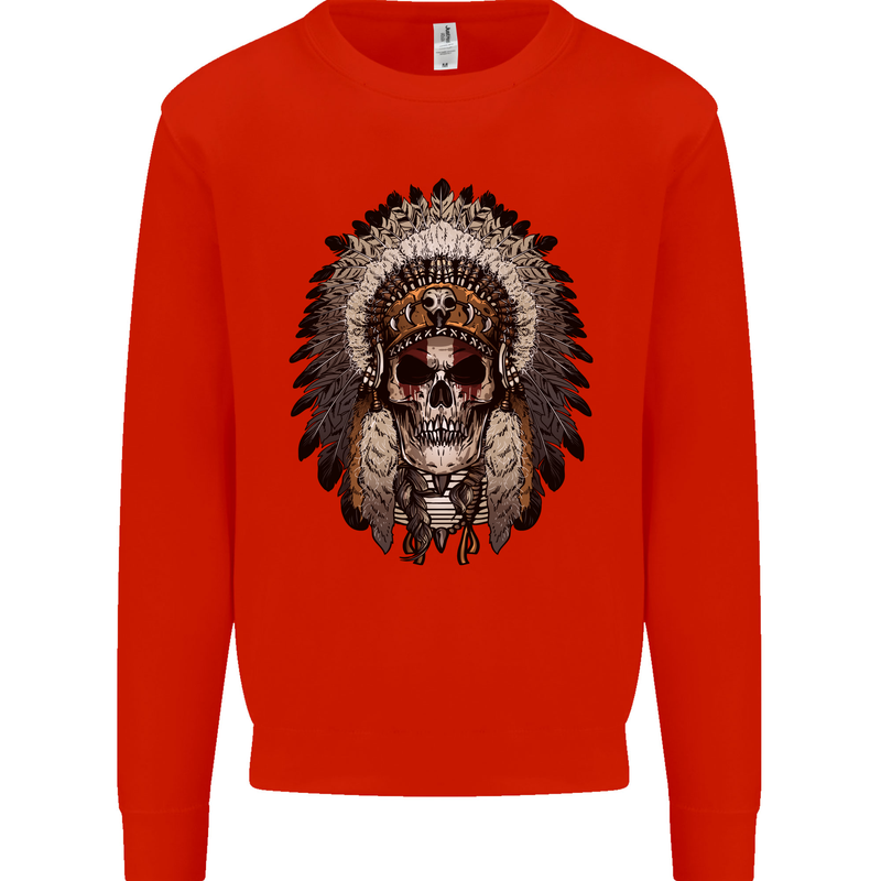 Native American Indian Skull Headdress Mens Sweatshirt Jumper Bright Red