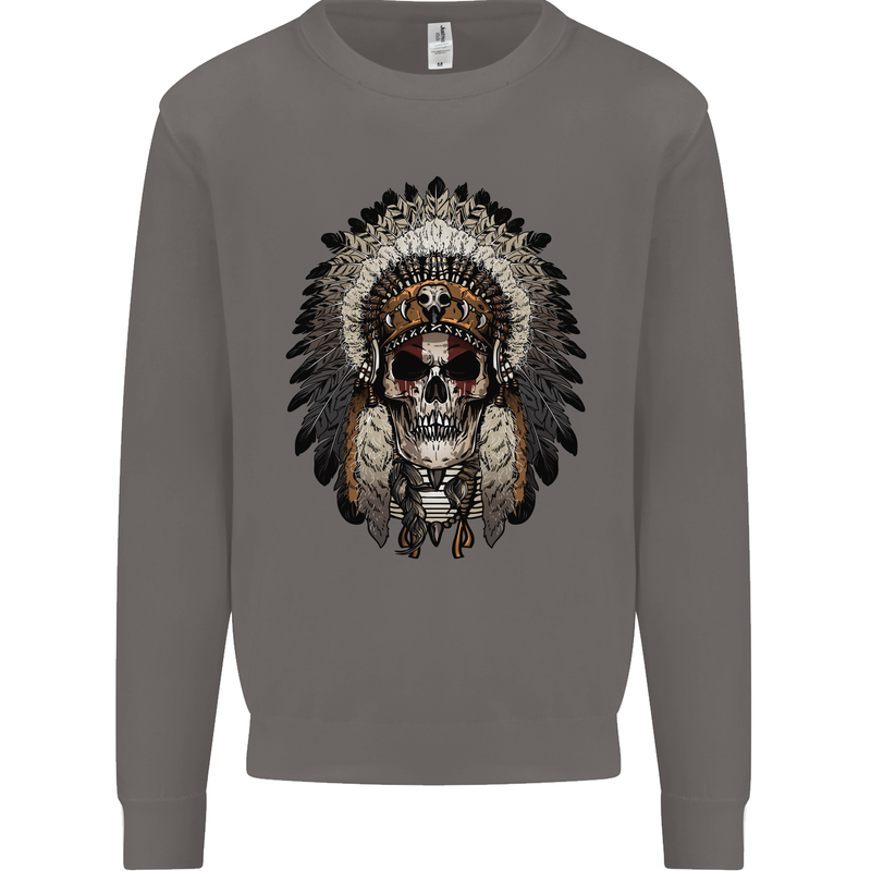 Native American Indian Skull Headdress Mens Sweatshirt Jumper Charcoal