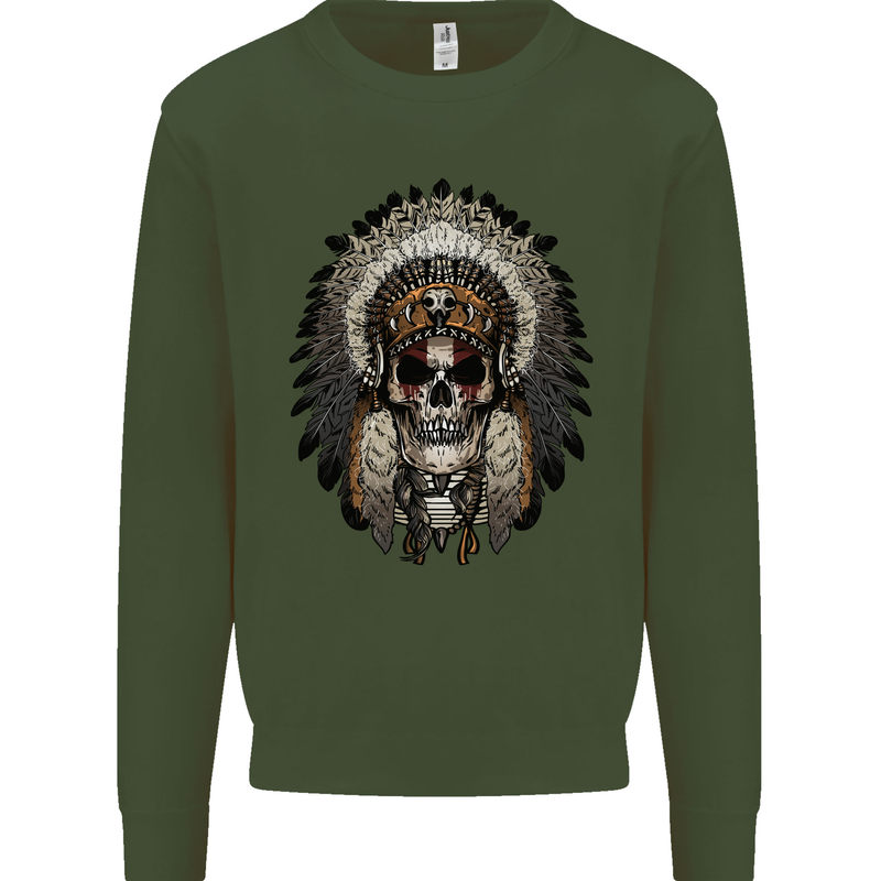 Native American Indian Skull Headdress Mens Sweatshirt Jumper Forest Green