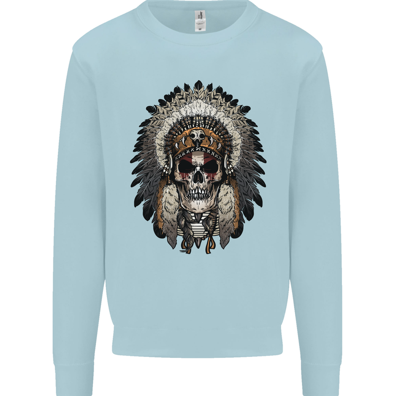 Native American Indian Skull Headdress Mens Sweatshirt Jumper Light Blue