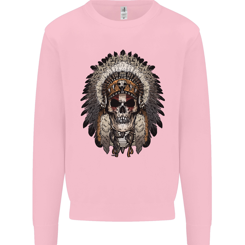 Native American Indian Skull Headdress Mens Sweatshirt Jumper Light Pink