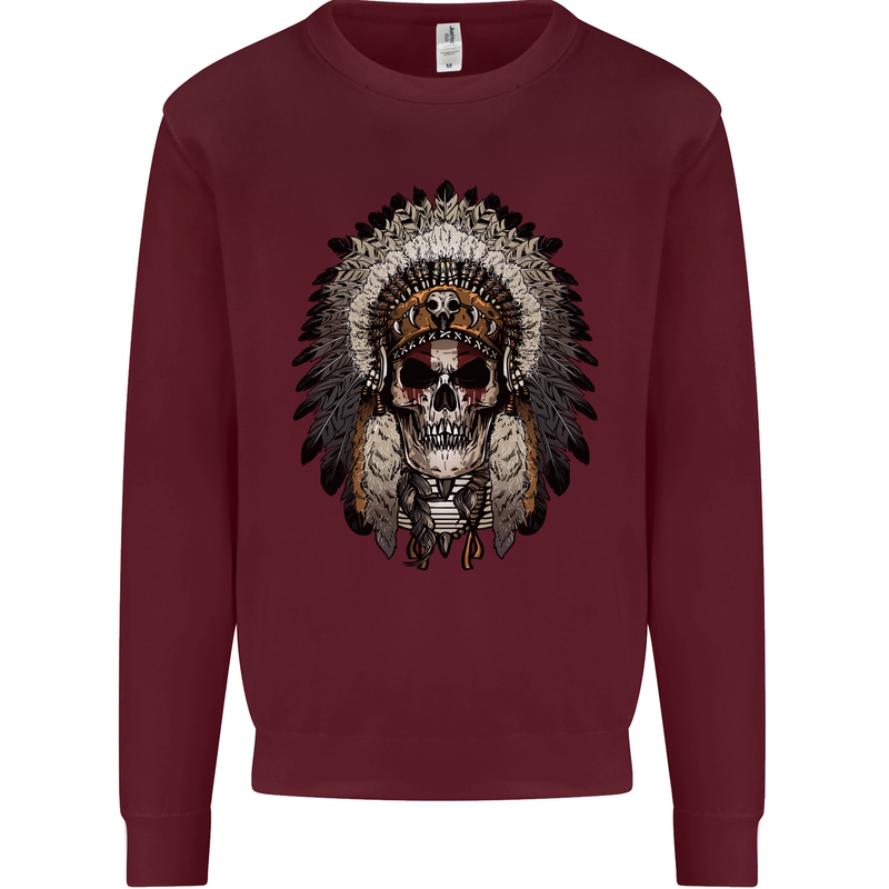 Native American Indian Skull Headdress Mens Sweatshirt Jumper Maroon