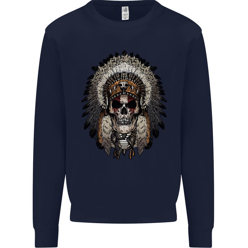 Native American Indian Skull Headdress Mens Sweatshirt Jumper Navy Blue