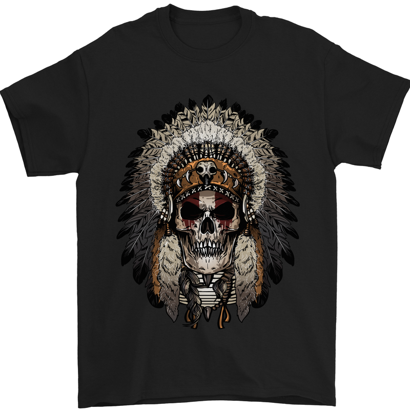 Native American Indian Skull Headdress Mens T-Shirt Cotton Gildan Black