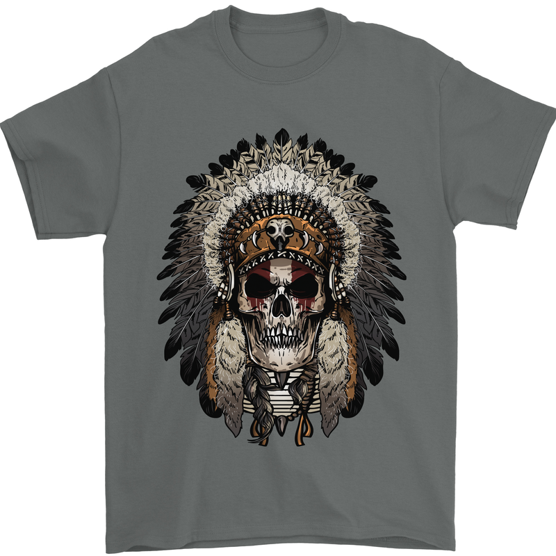 Native American Indian Skull Headdress Mens T-Shirt Cotton Gildan Charcoal