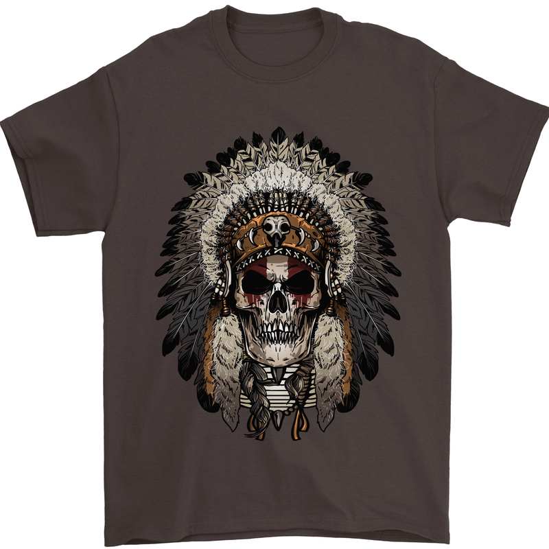 Native American Indian Skull Headdress Mens T-Shirt Cotton Gildan Dark Chocolate