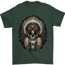 Native American Indian Skull Headdress Mens T-Shirt Cotton Gildan Forest Green