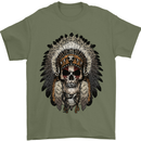 Native American Indian Skull Headdress Mens T-Shirt Cotton Gildan Military Green