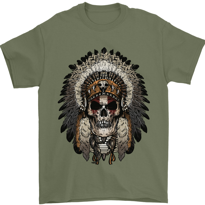 Native American Indian Skull Headdress Mens T-Shirt Cotton Gildan Military Green