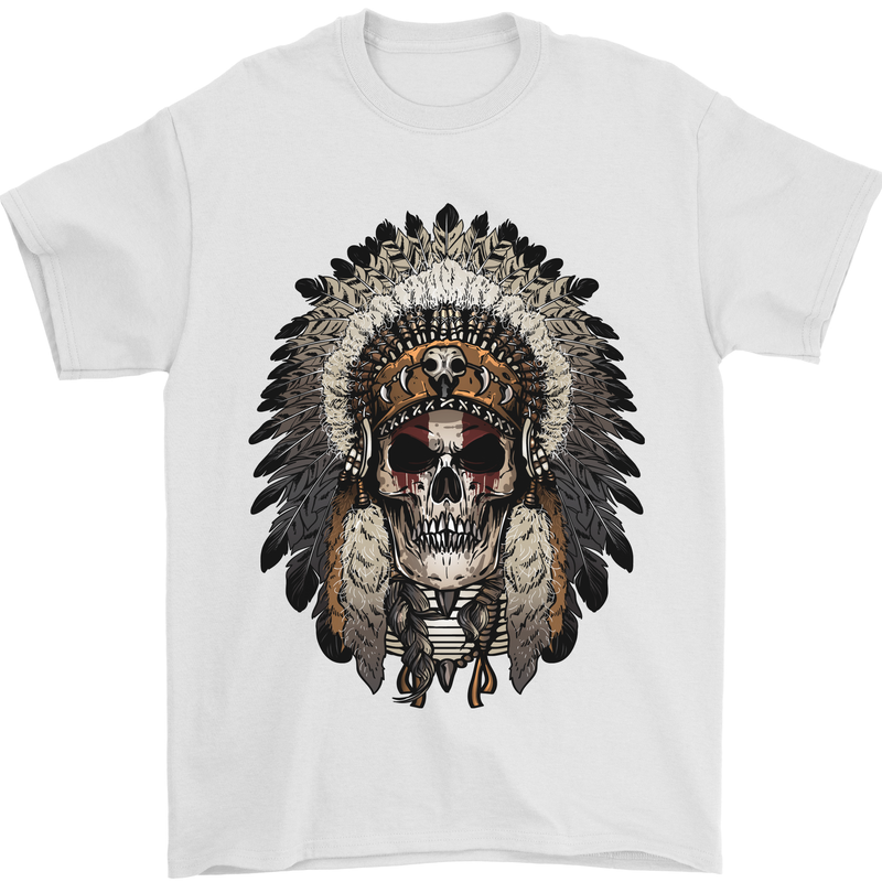 Native American Indian Skull Headdress Mens T-Shirt Cotton Gildan White