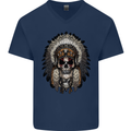 Native American Indian Skull Headdress Mens V-Neck Cotton T-Shirt Navy Blue