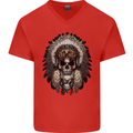 Native American Indian Skull Headdress Mens V-Neck Cotton T-Shirt Red