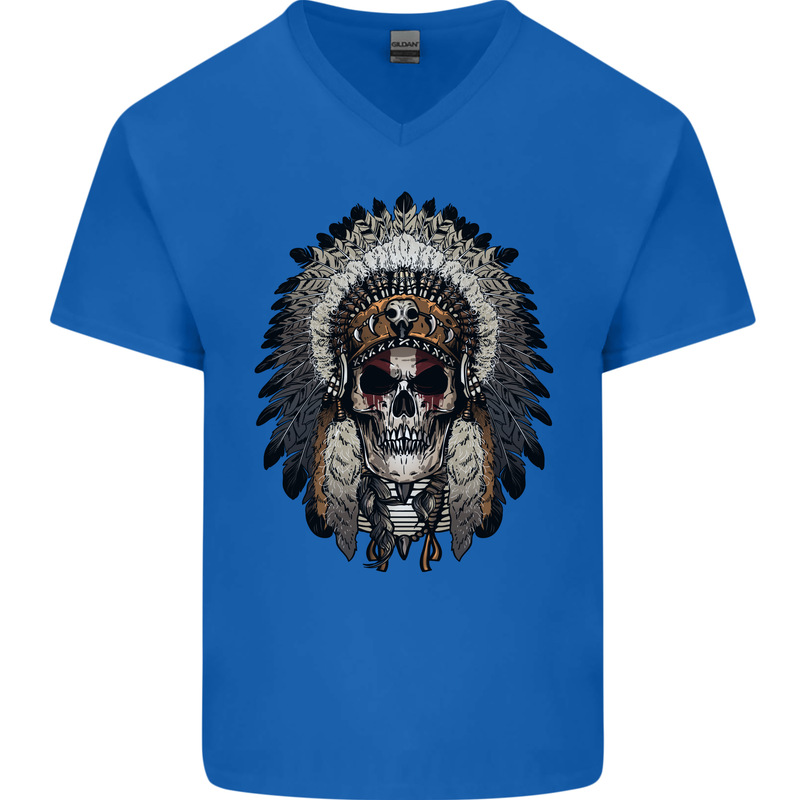Native American Indian Skull Headdress Mens V-Neck Cotton T-Shirt Royal Blue