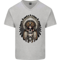 Native American Indian Skull Headdress Mens V-Neck Cotton T-Shirt Sports Grey