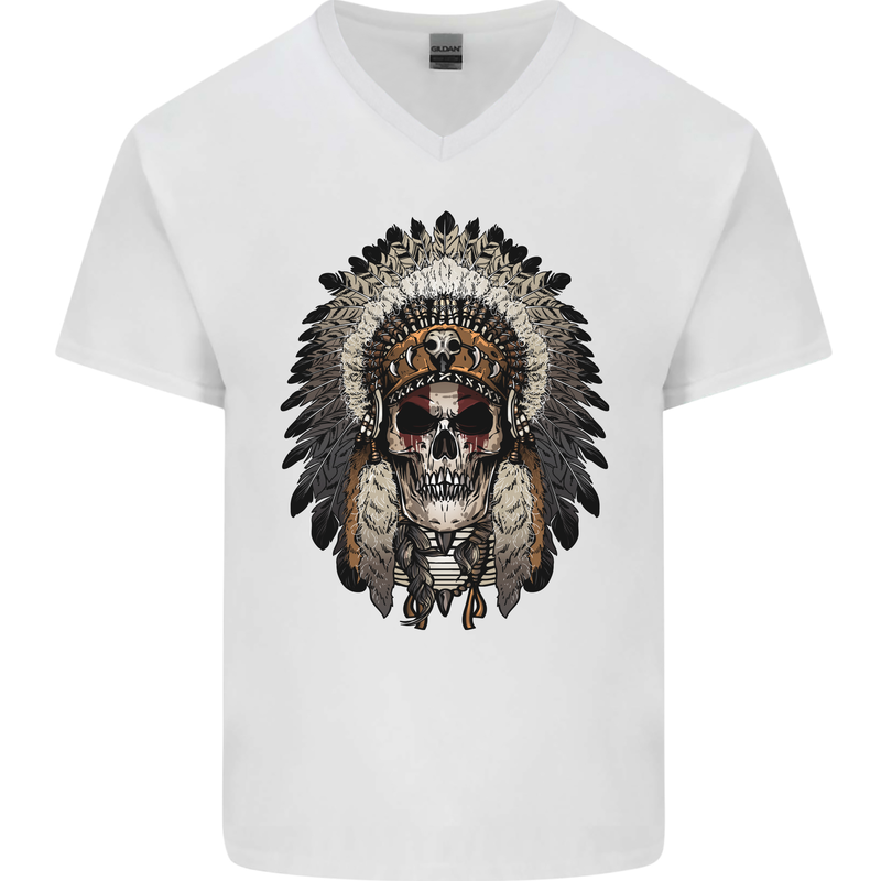 Native American Indian Skull Headdress Mens V-Neck Cotton T-Shirt White