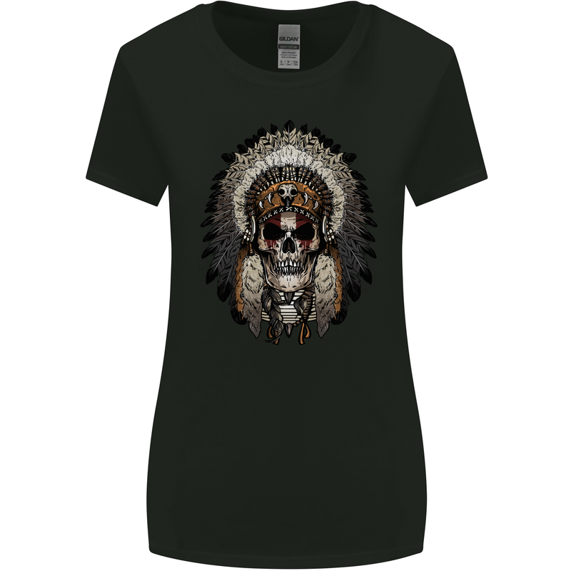 Native American Indian Skull Headdress Womens Wider Cut T-Shirt Black